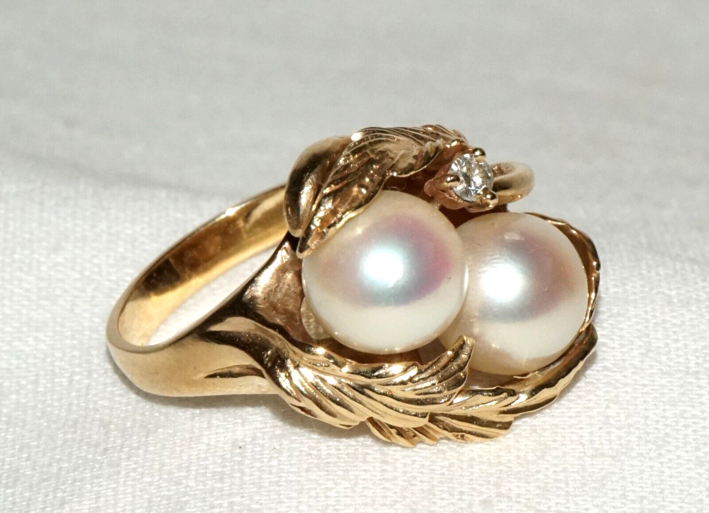 Vintage US 14k Yellow Gold Ring Sz.6.5 w. 2x Pearls & 1x Diamond Accent (FeD)