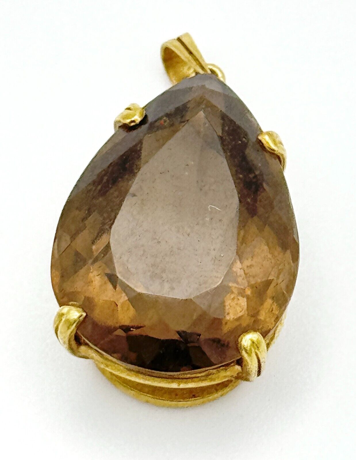 Vintage 14k Yellow Gold Pear-Cut Faceted Smoky Quartz Prong Set Pendant (McC)