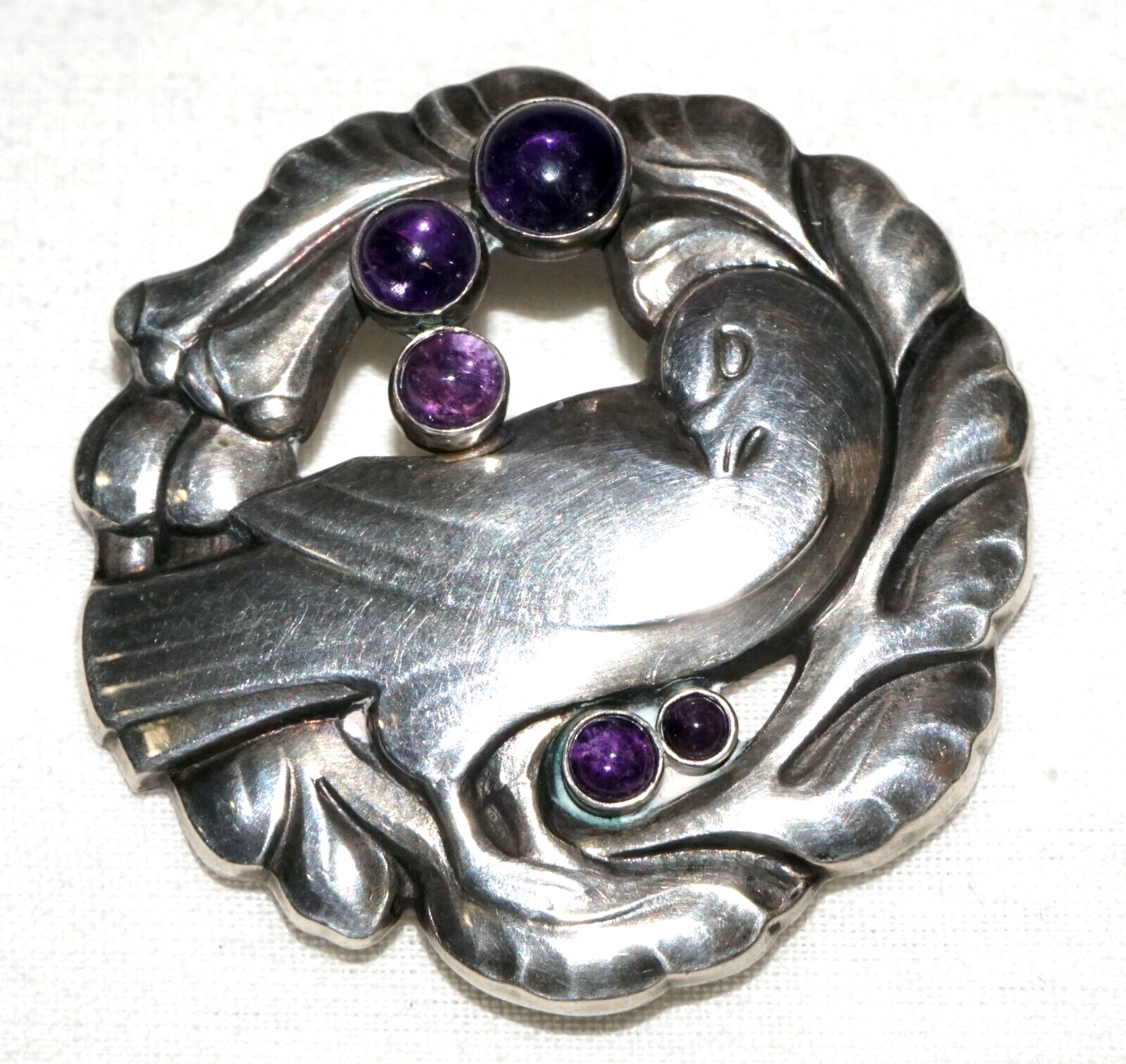 Vtg Denmark Sterling Silver & Amethysts Dove Brooch #123 Georg Jensen (KoS) L10