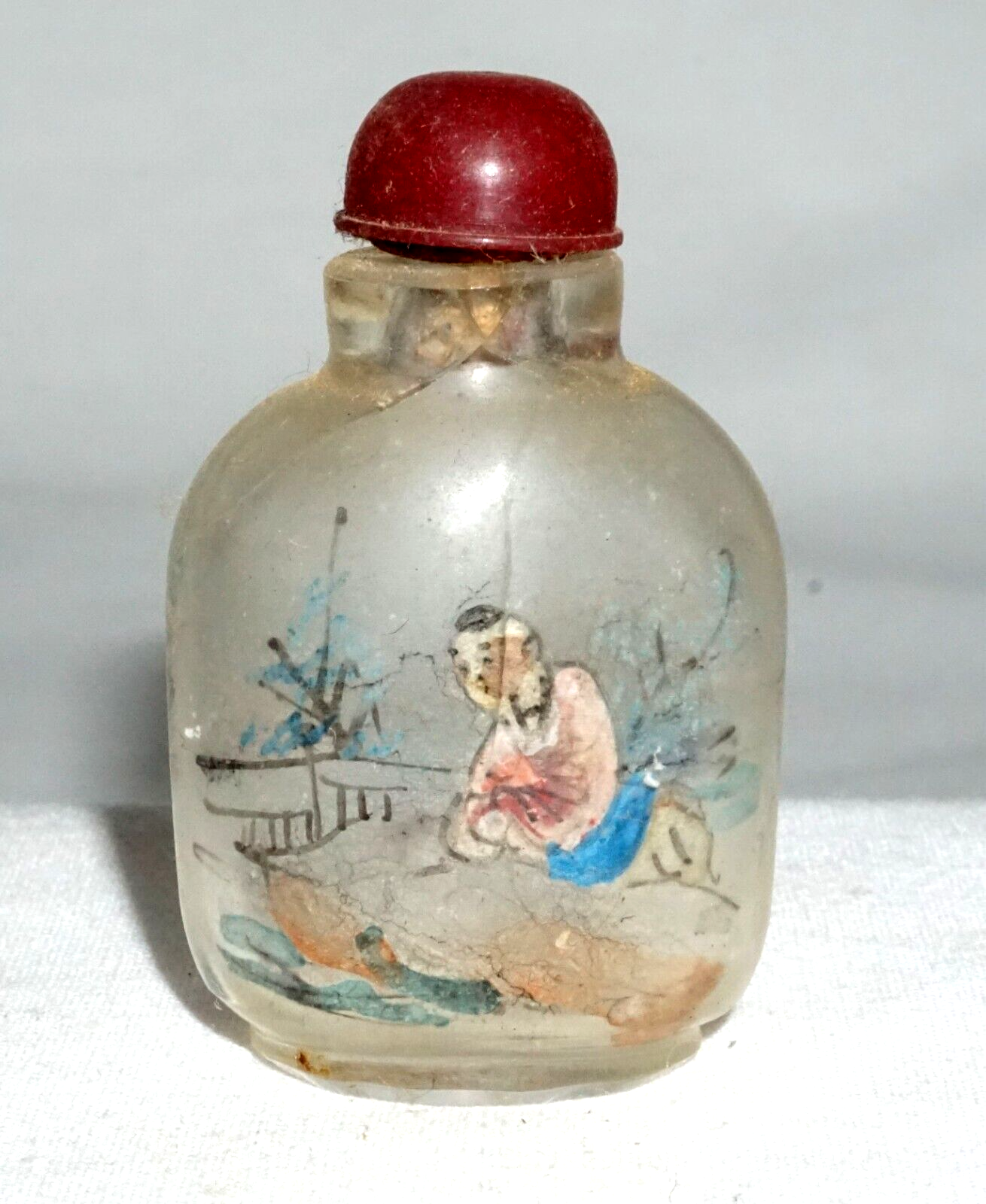 Vintage Chinese Reverse Painted Glass Snuff Bottle w. Figure Landscape (LLA) IC