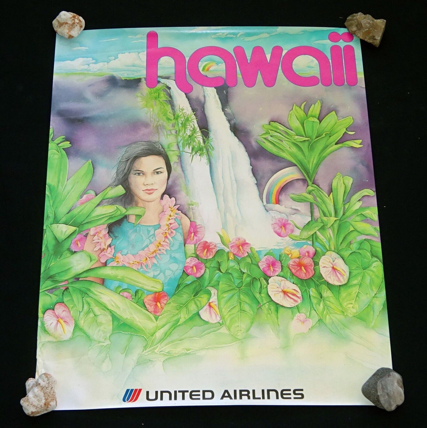 1970s Original United Airlines Hawaii Poster Girl & Rainbow Motif (HoT)#25