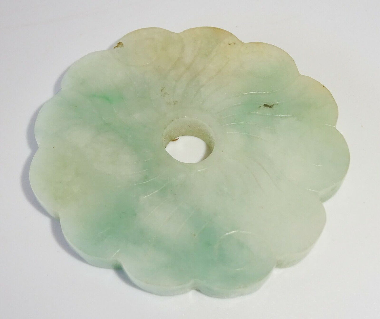 20C Chinese Mottled Jadeite Jade Incised Flower Motif Disk Carving (FeO) #37b