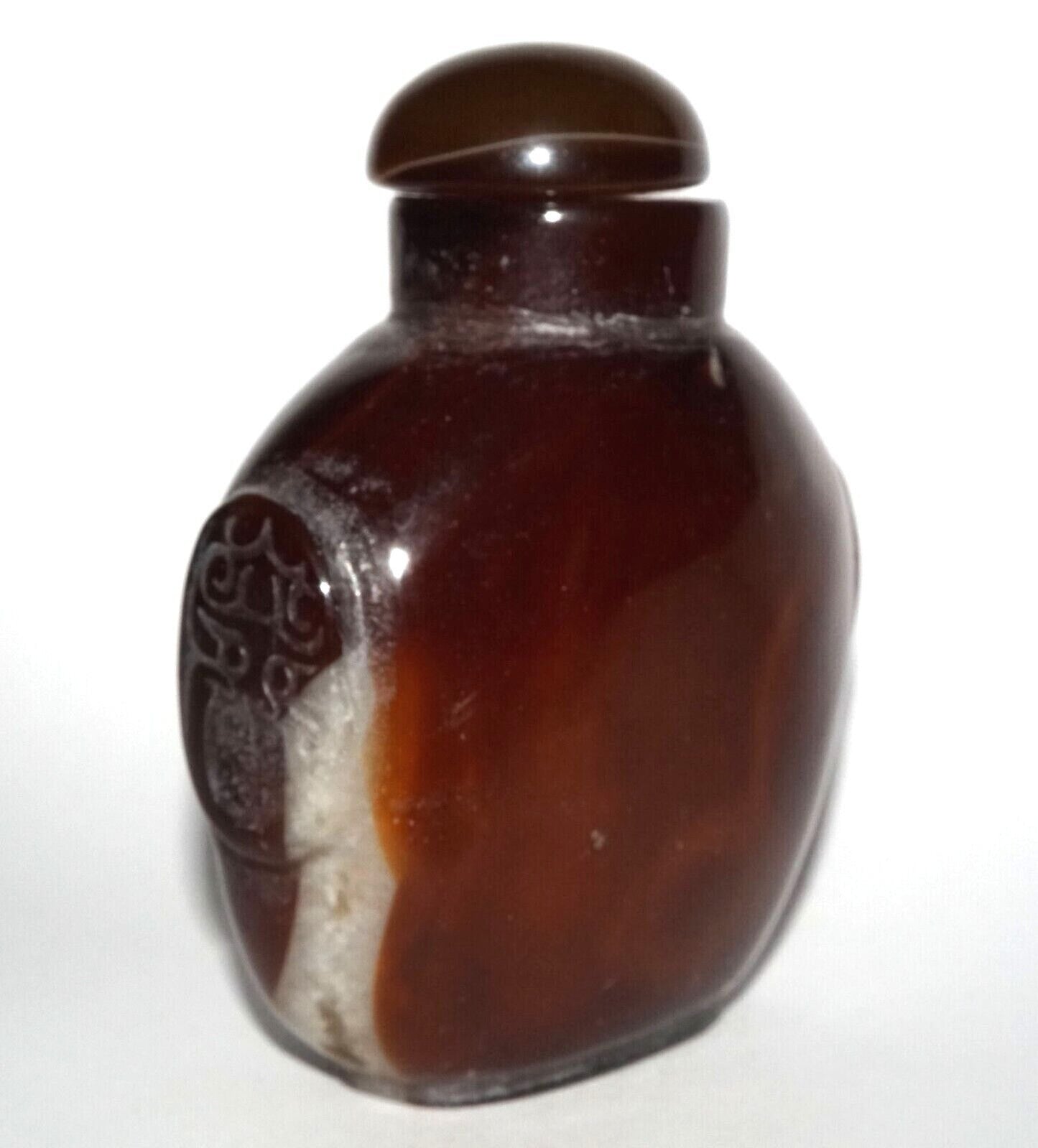 Vintage Chinese Brown & White Agate Carved Snuff Bottle w Mask Handles (LeS) G12