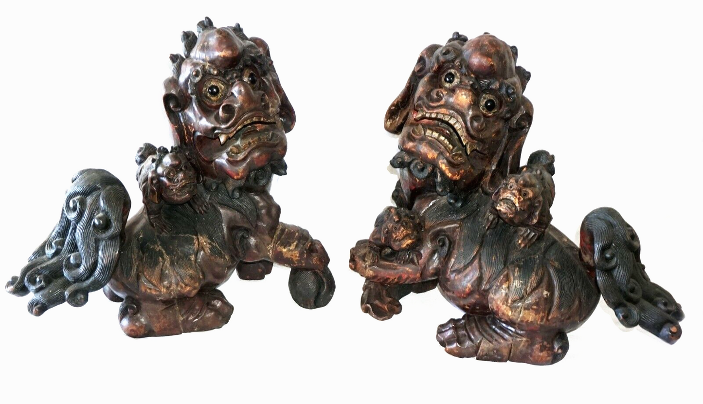 Pair Vintage Chinese Large Carved Assembled Hardwood Lion Dogs Inset Eyes (ChB)