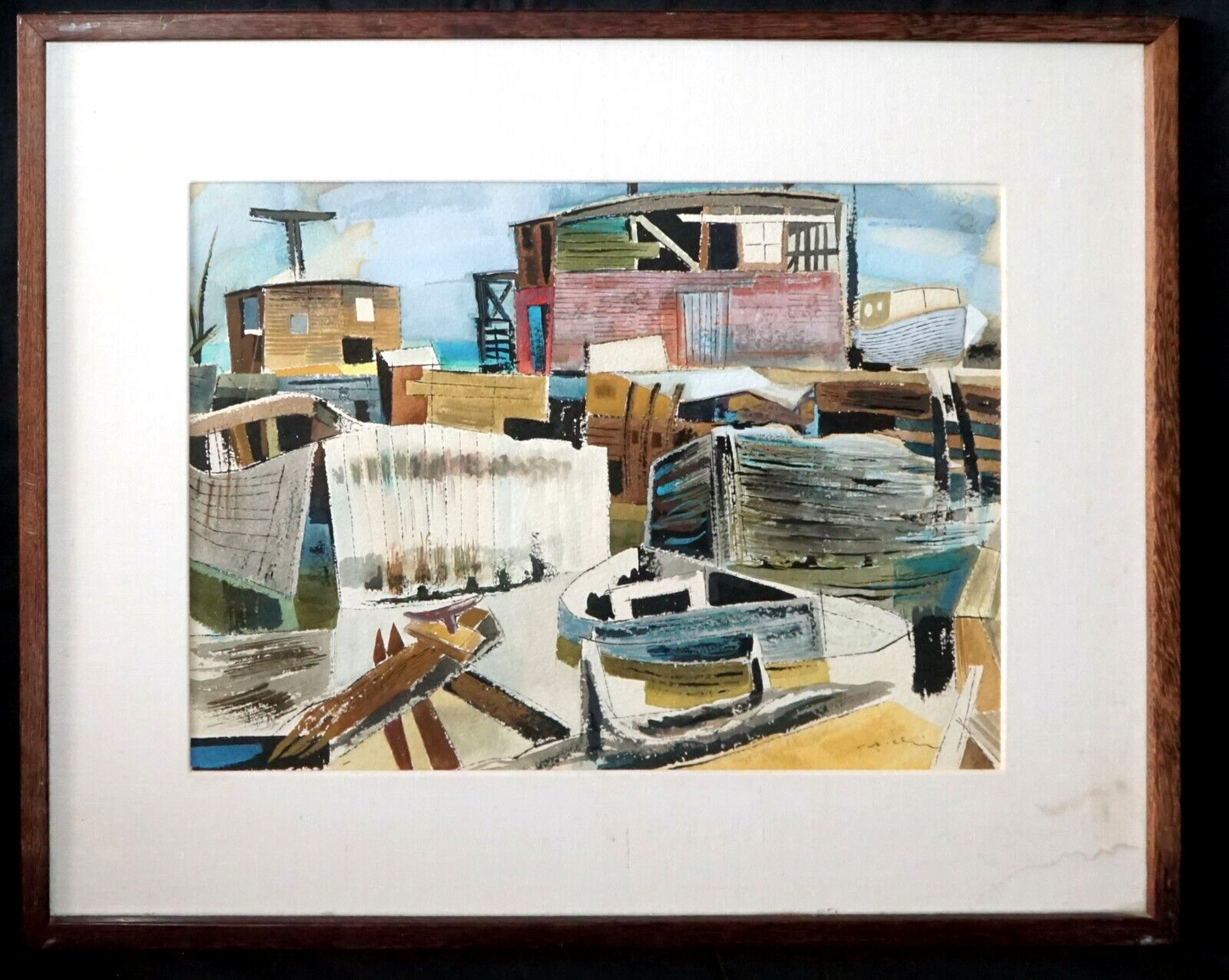 1948 Hawaii Watercolor Painting Boat Harbor I by Keiichi Kimura (1914-88) (PeN)