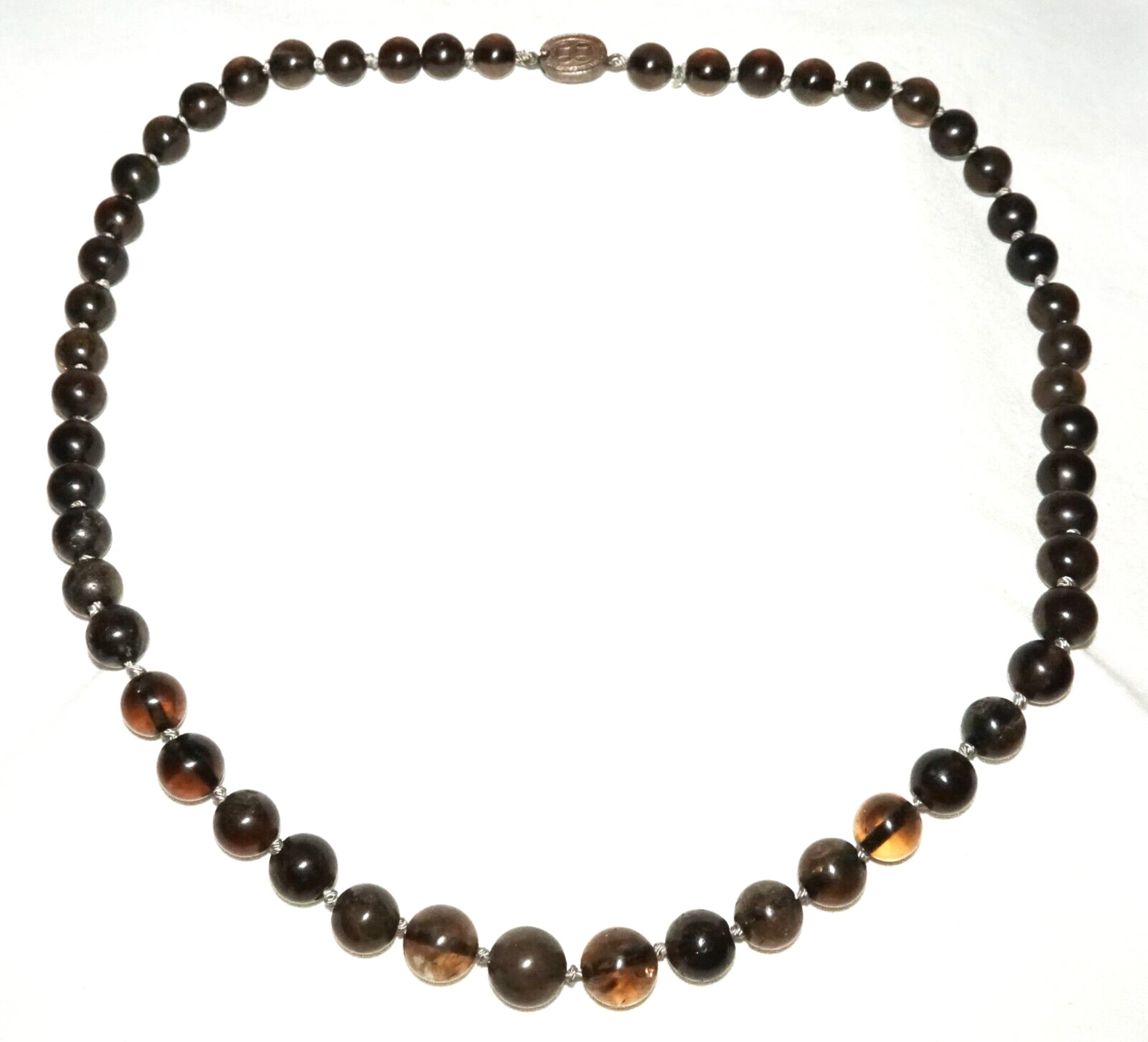 Vintage Chinese Smokey Quartz Bead Necklace w. Silver Clasp 25" (InS)#L2