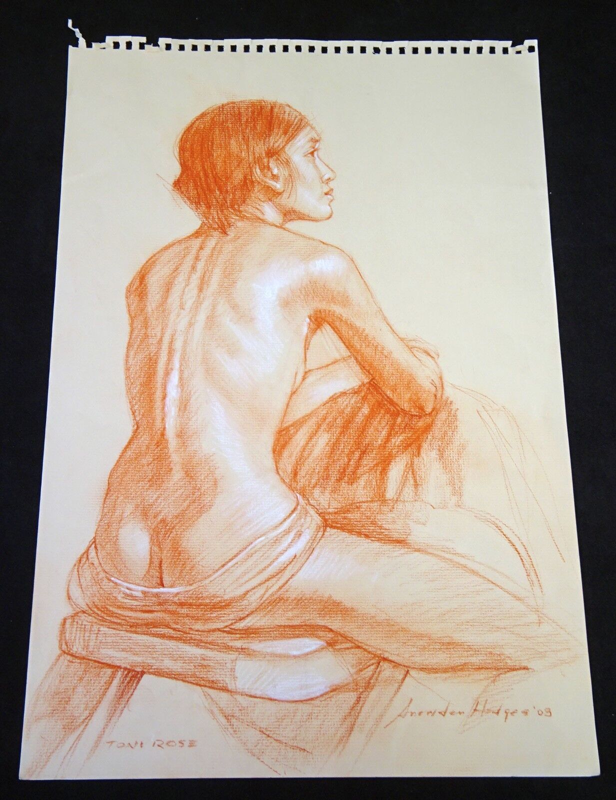 Hawaii Conte Drawing Painting Seated Nude "Toni Rose" by Snowden Hodges (Sho)