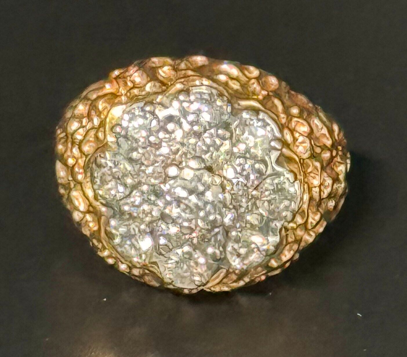 Vintage 14k Yellow Gold Nugget Style Ring Sz 8.5 w 16 Diamond Cluster (MeK)