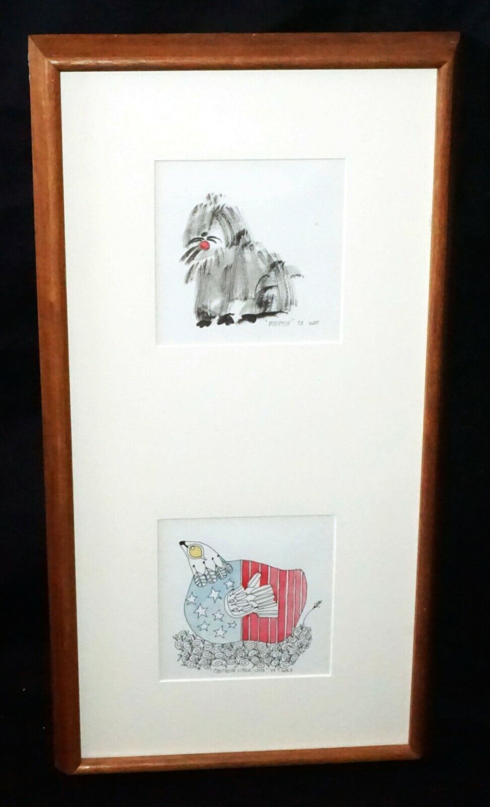 1972 US Koa Framed 2x Color Print Whimsical Grouping signed W.R.T. (CWo)
