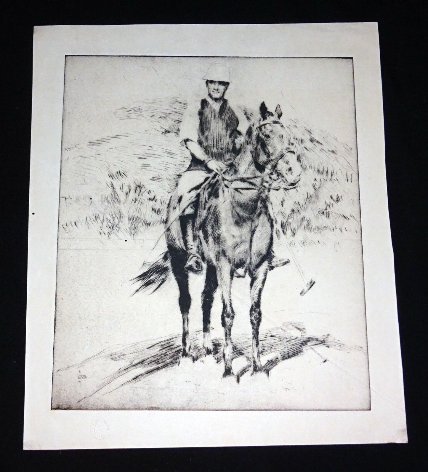 1930 Hawaii Etching Print Polo Player & Horse by John Melville Kelly (Kel)