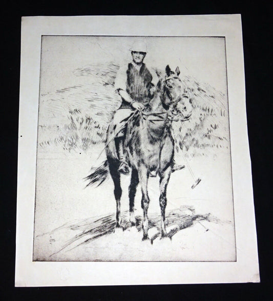 1930 Hawaii Etching Print Polo Player & Horse by John Melville Kelly (Kel)