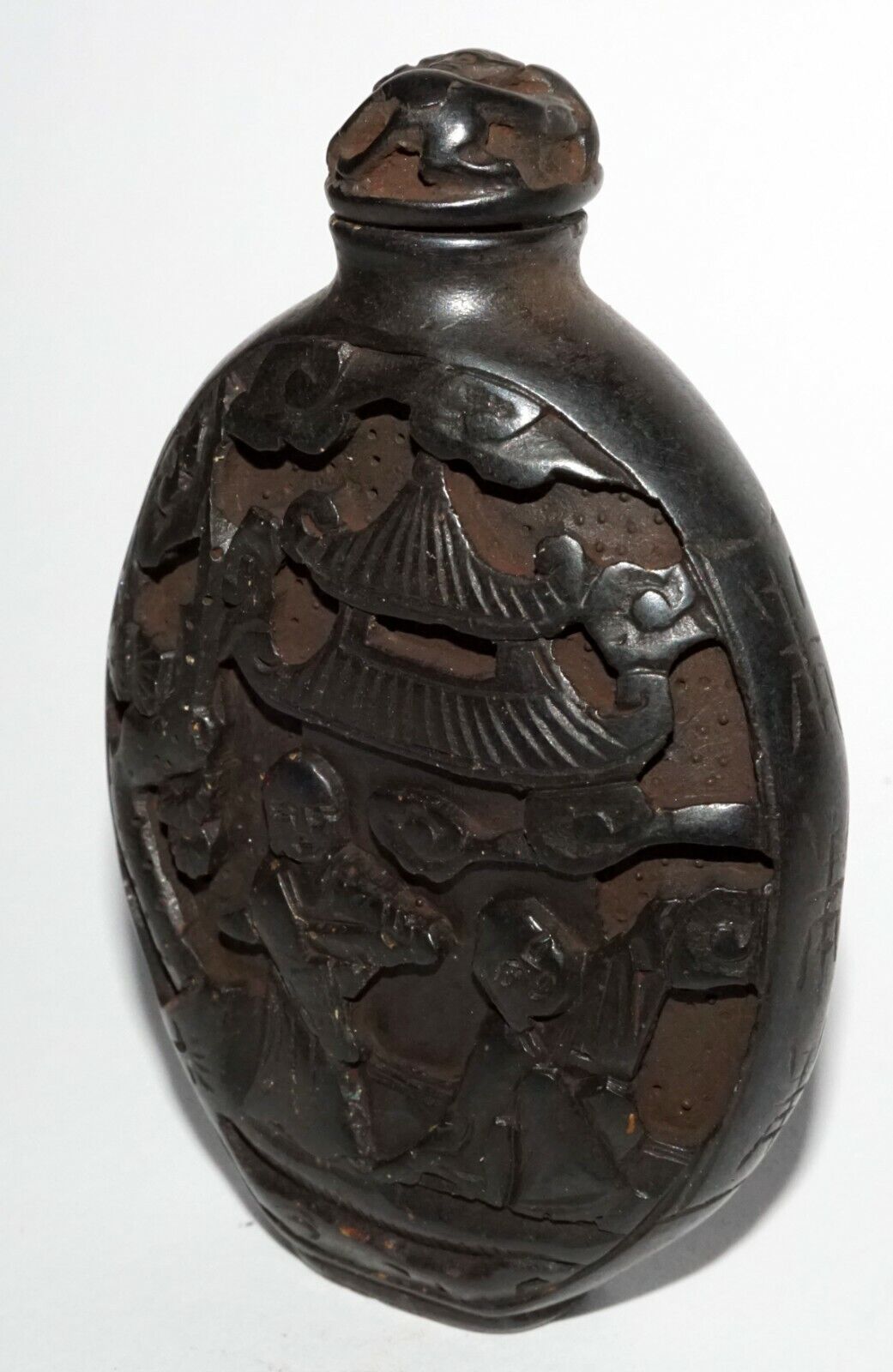 Vintage Chinese Black Lacquer Relief Carved Snuff Bottle Buddhist Motif (LeS) G1