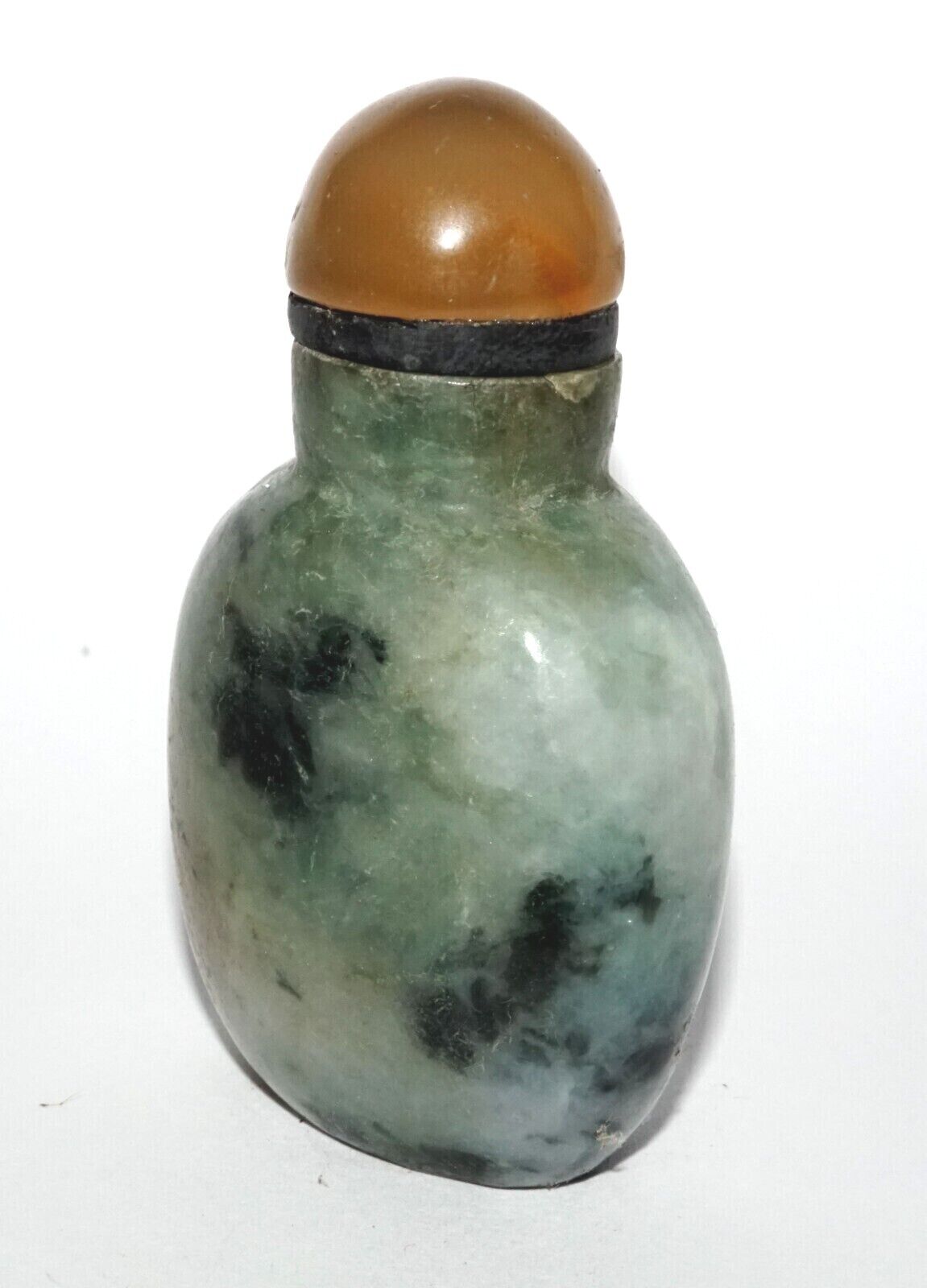 Vintage Chinese Jadeite Jade Carved Snuff Bottle w. Agate Stopper (LeS) G12