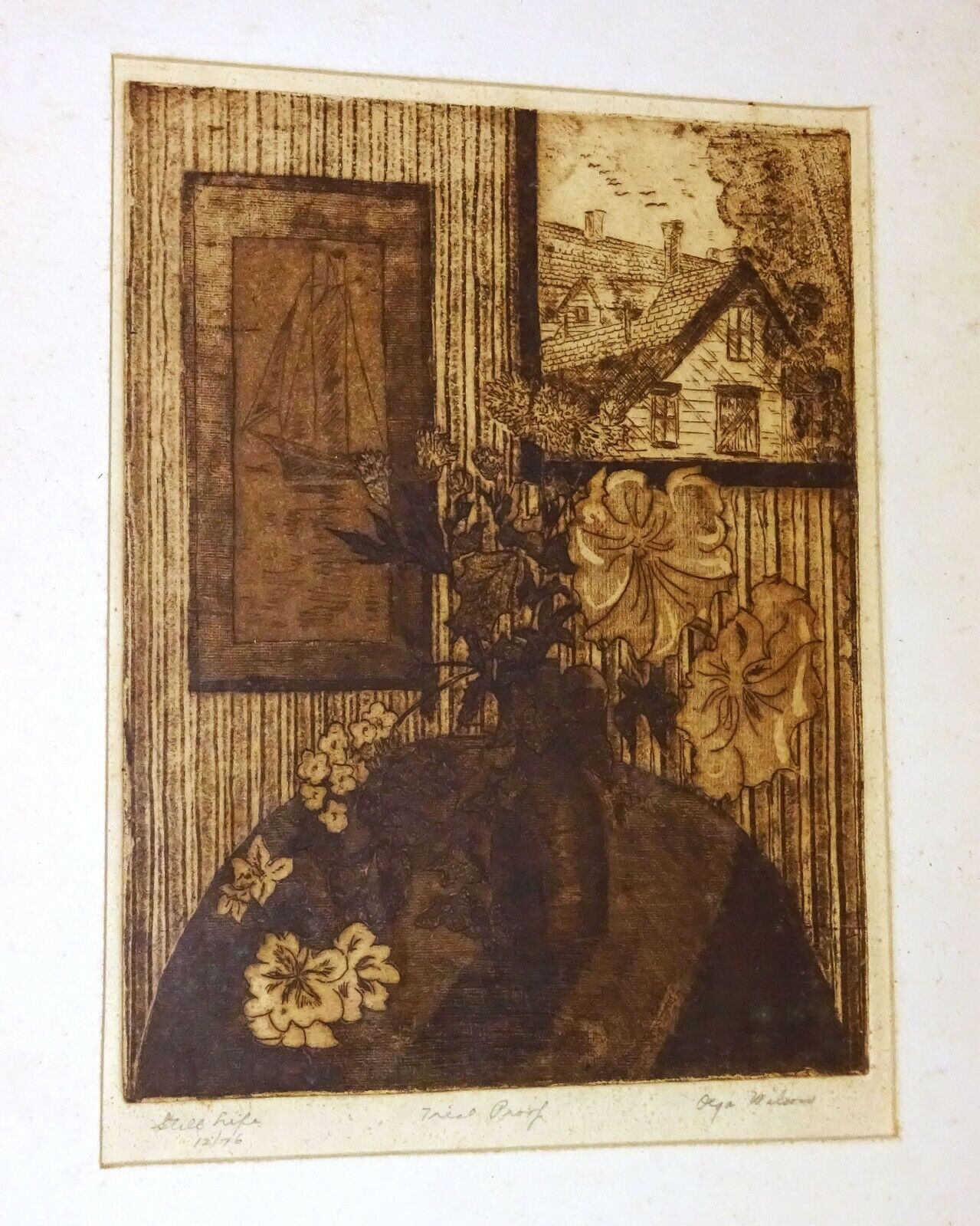 1970s US Etching Print "Still Life w. Flowers" by Olga Wilson (1919-2010)(CuM)