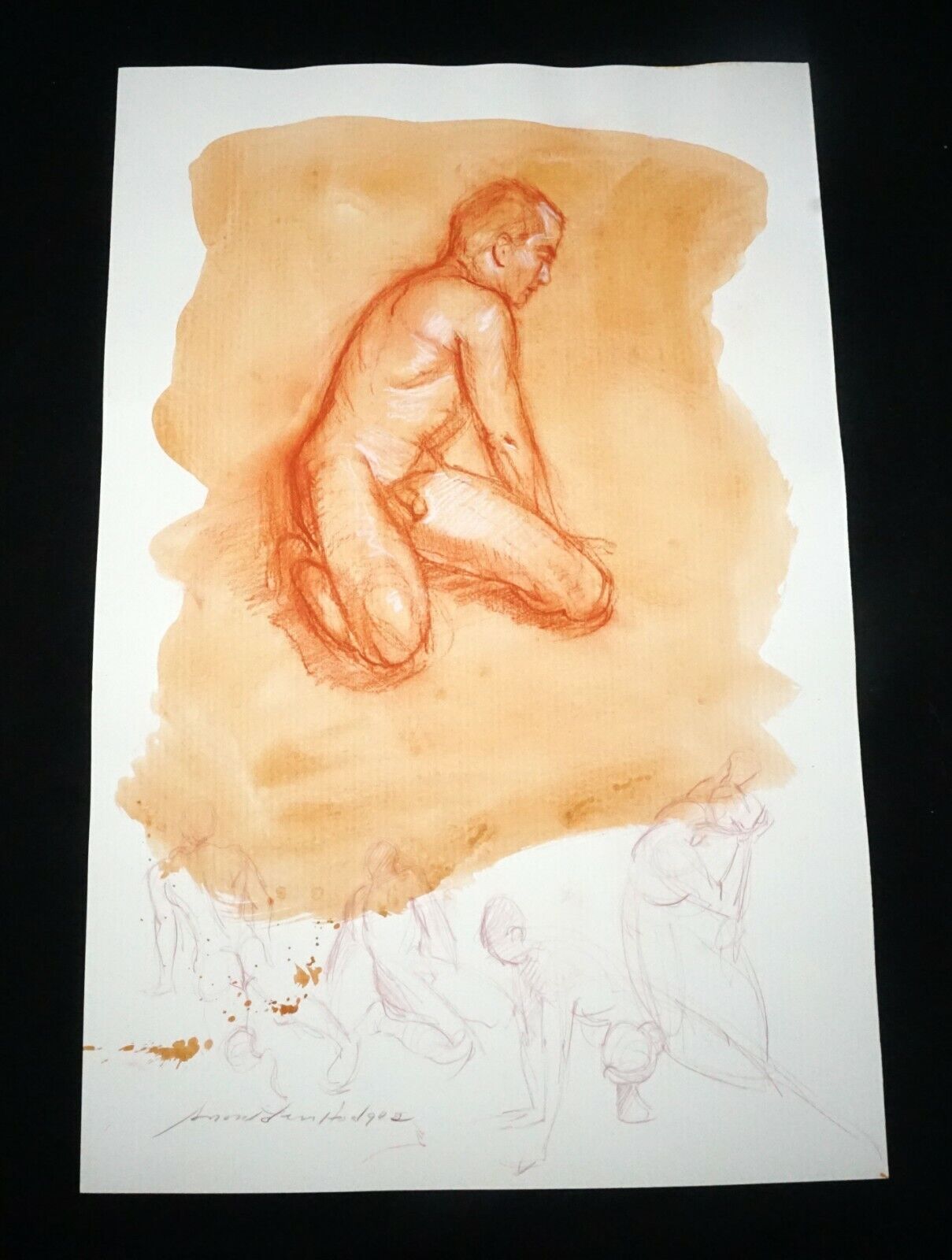 Hawaii Conte Color Wash Drawing Painting Male Nude by Snowden Hodges (Sho)#26