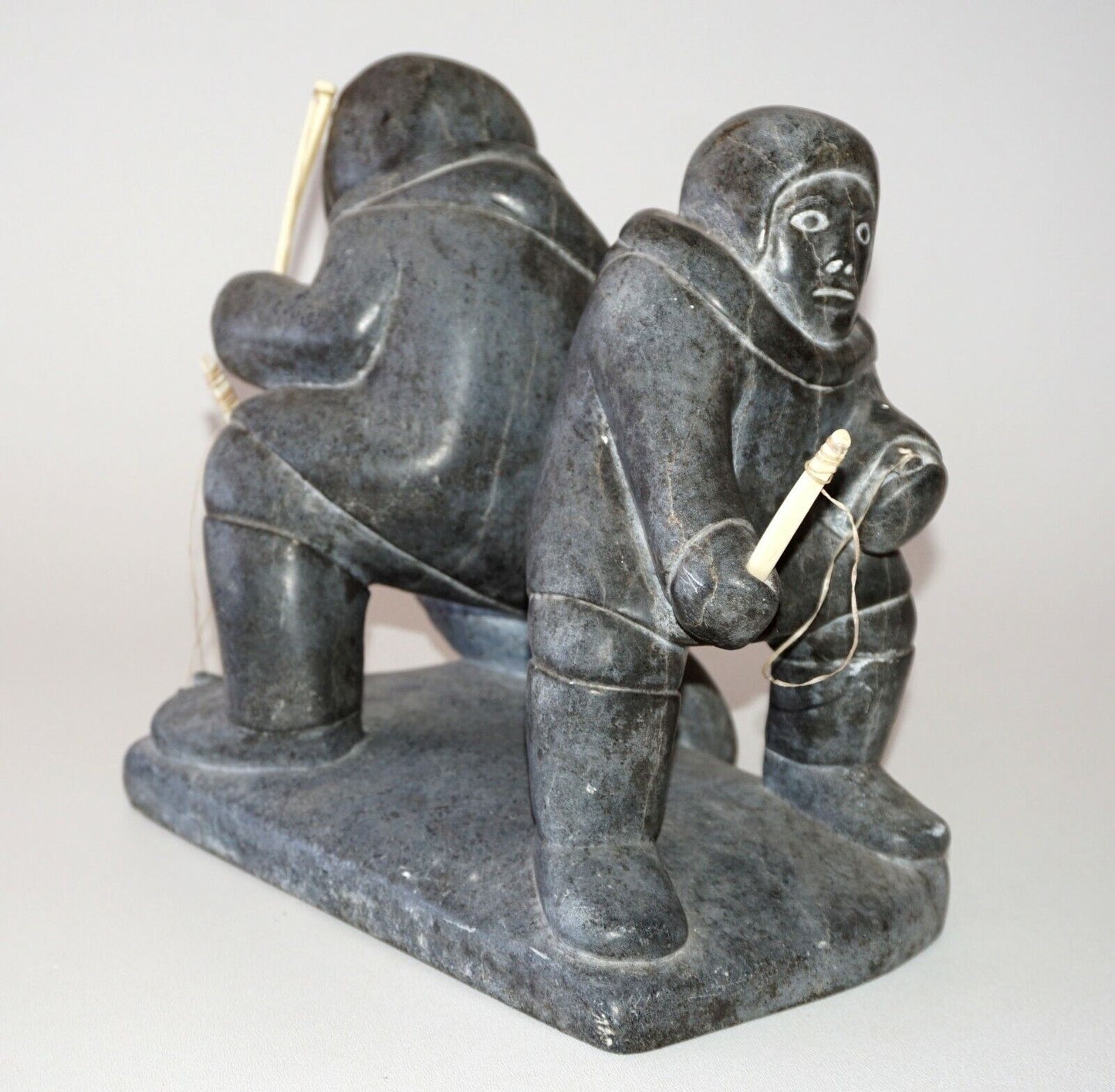 74 Canada Eskimo Stone Carved Ice Fishers Sculpture by Thomassie Tookalook (Kor)