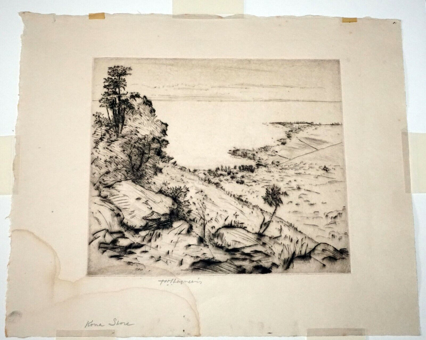 1934 Hawaii Etching Print "Kona Shore" by Huc M. Luquiens (1881-1961)(DAT)#30