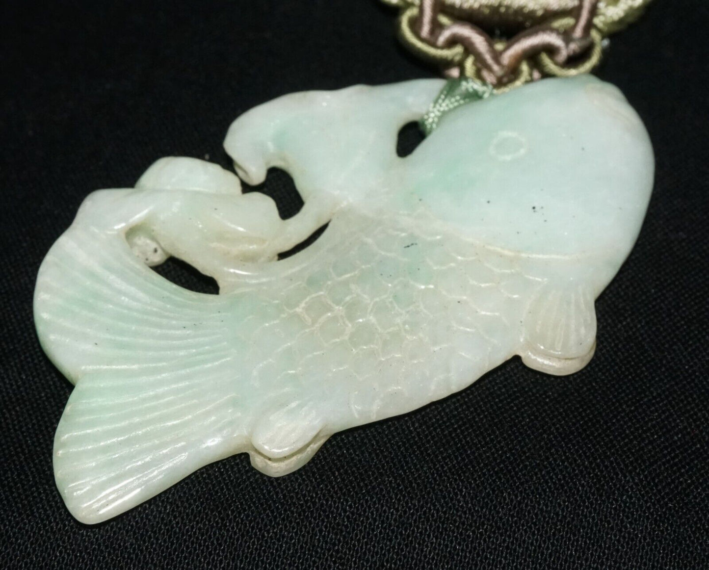 Vintage Chinese Jadeite Jade & Carp & Lotus Motif Carved Pendant (LeS)L23