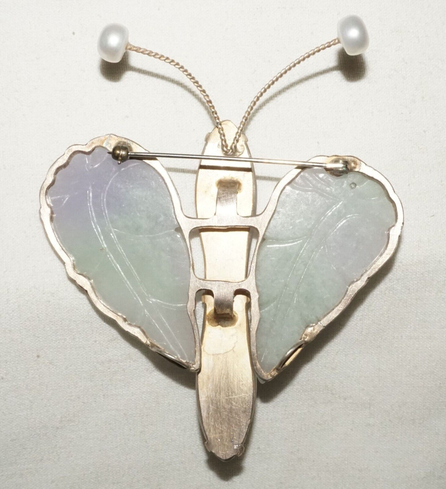 Vintage Chinese Large Butterfly Brooch Pendant w. 3x Lavender Jade Accents (LeP)