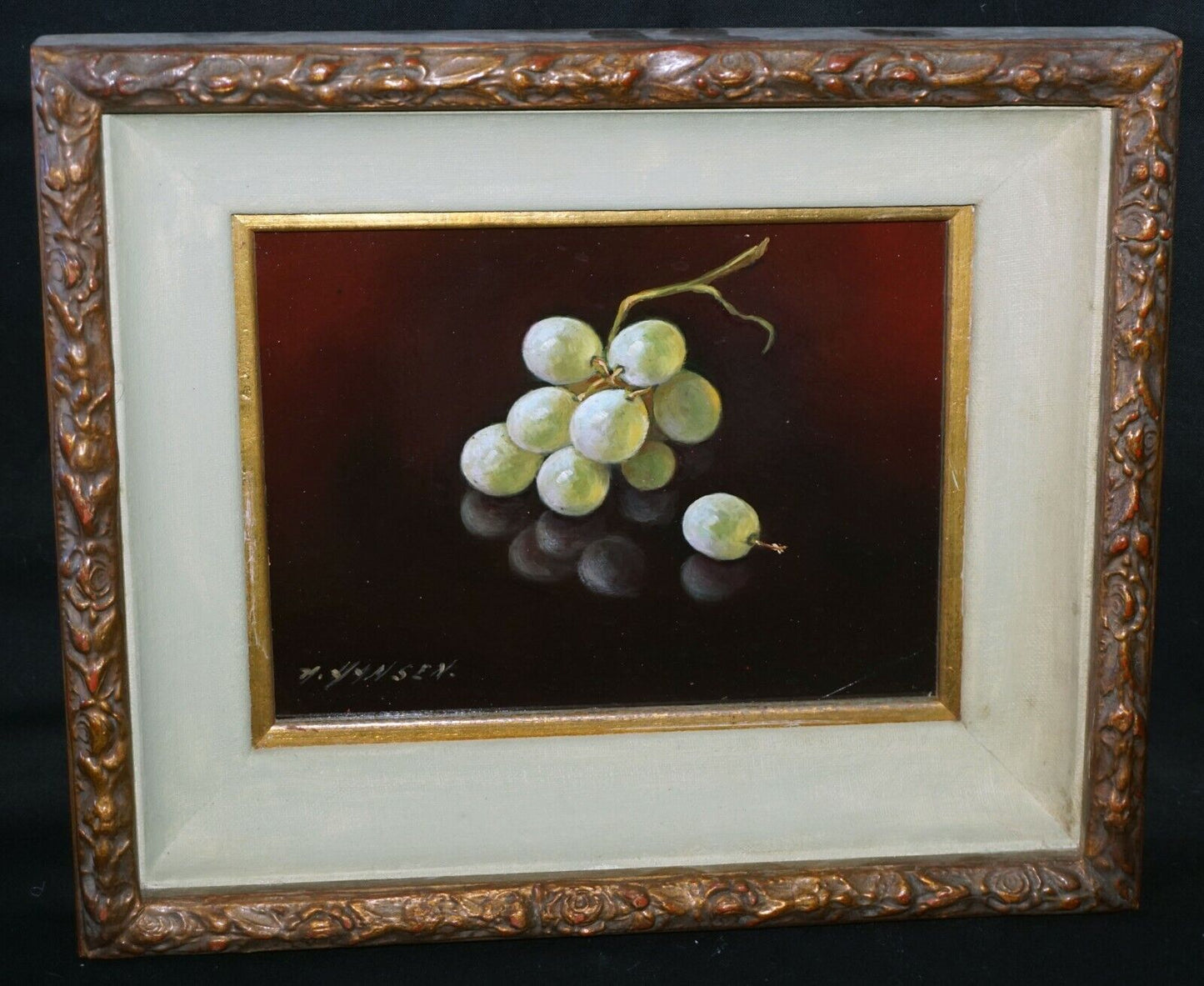 Vintage US Framed Oil Still Life Painting Green Grapes by A. Hansen (FeO)