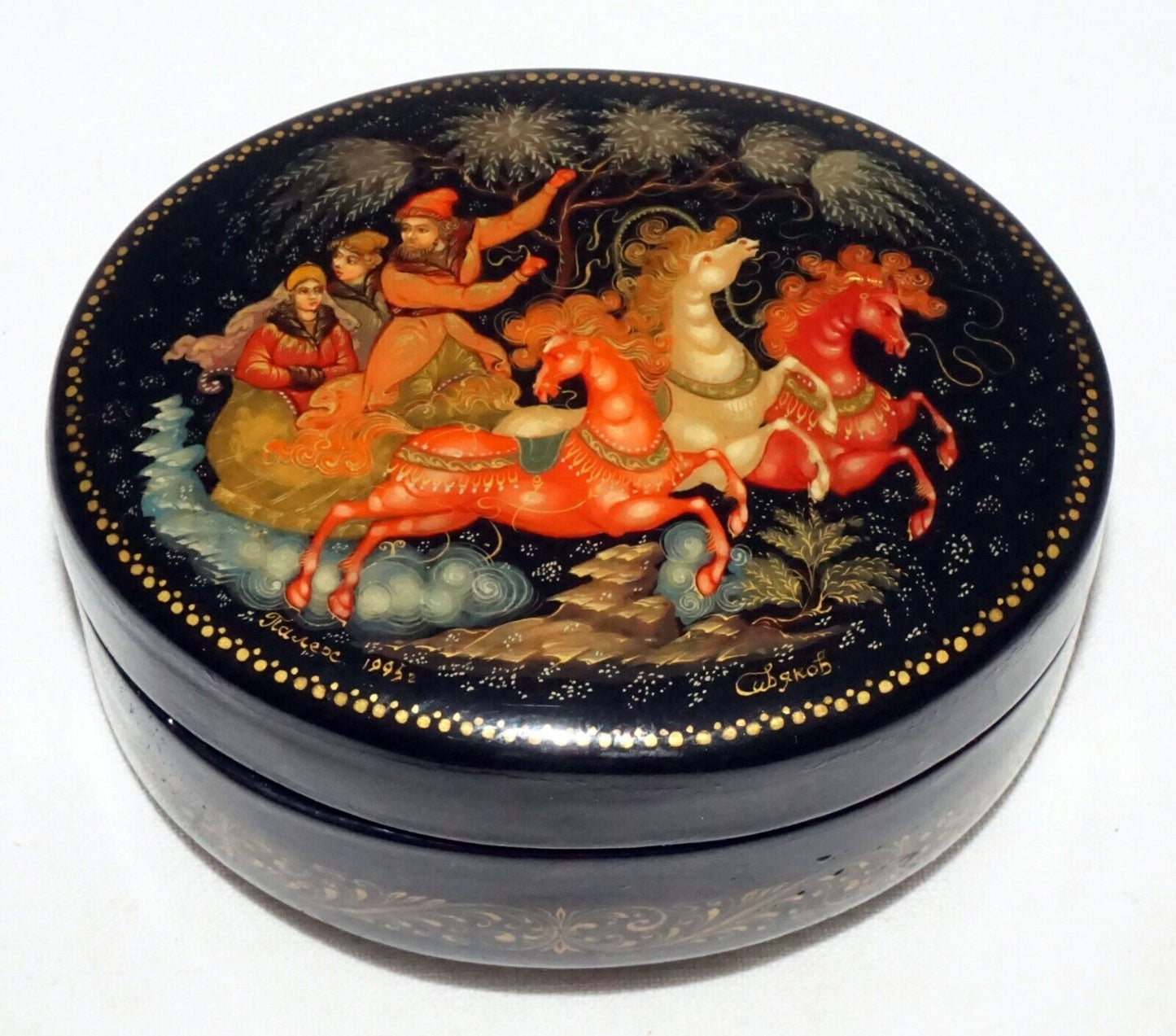 Vintage Russian Lacquer Box Three Figures in a Horse Drawn Sleigh signed (AHB)