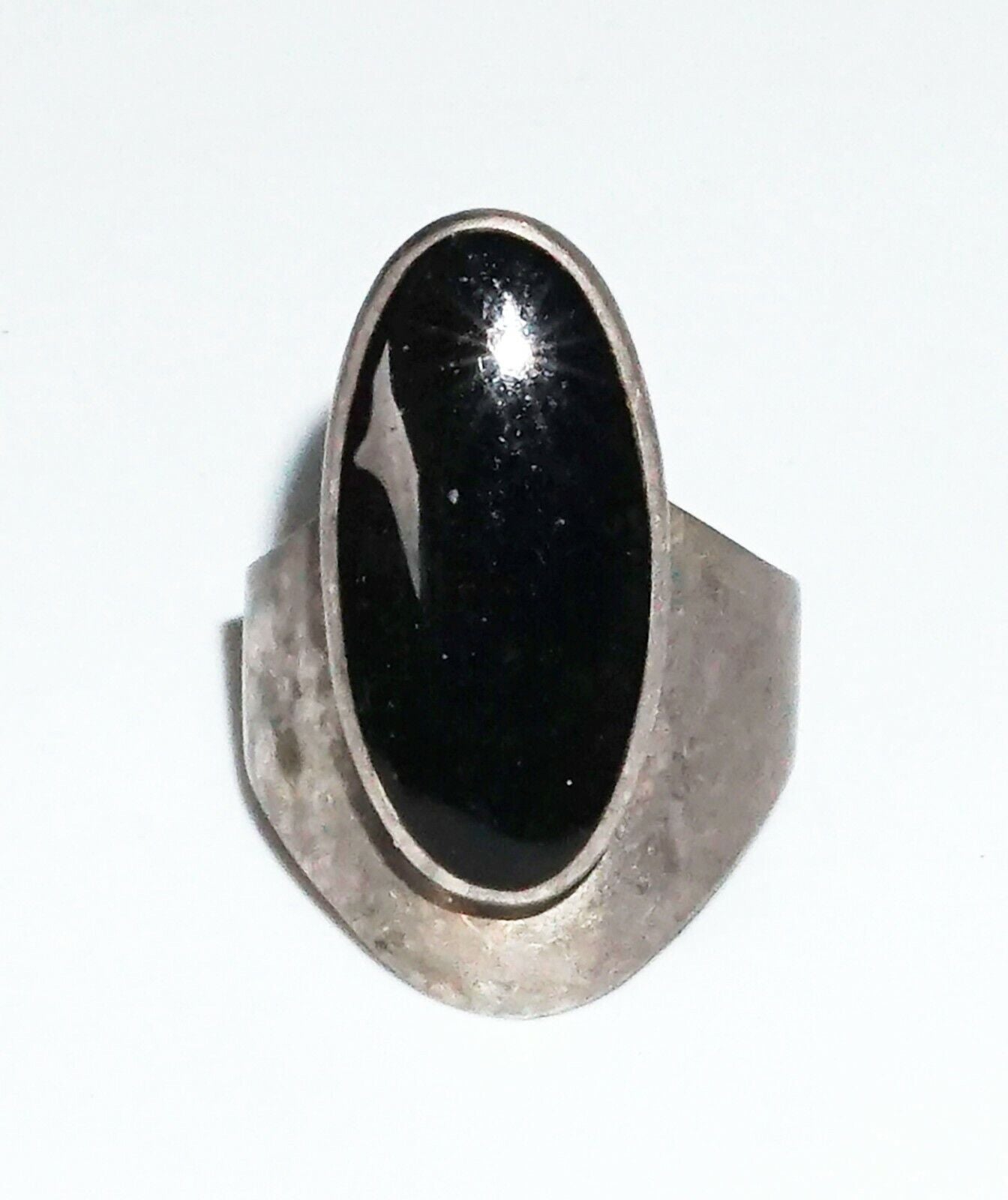 S.W. Modernist Sterling Silver Ring Sz. 7 w. Oval Black Onyx Accent (WMH)21-1