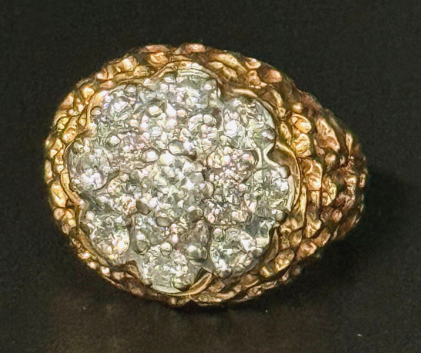 Vintage 14k Yellow Gold Nugget Style Ring Sz 8.5 w 16 Diamond Cluster (MeK)