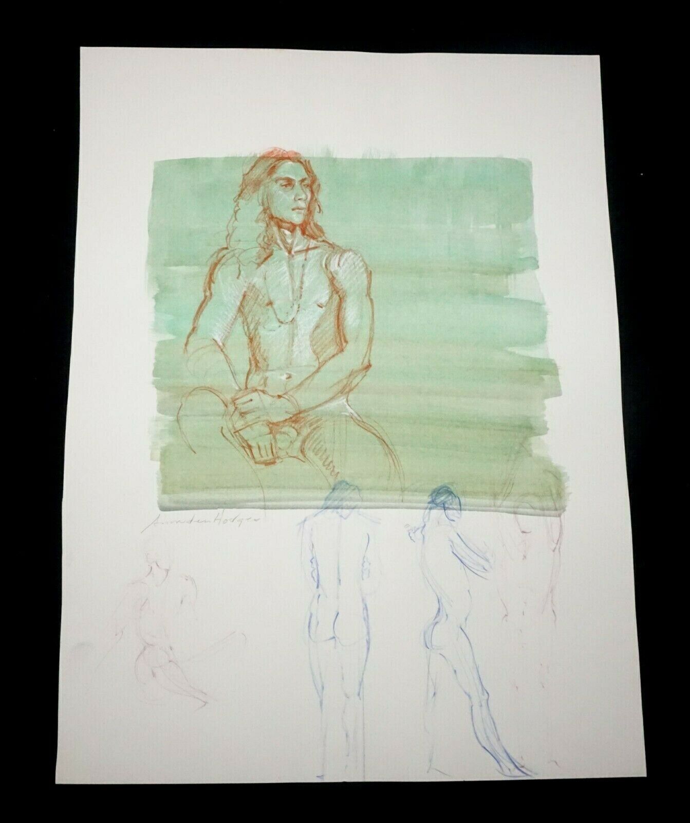 Hawaii Conte Color Wash Painting Seated Male Nude by Snowden Hodges (Sho)#29