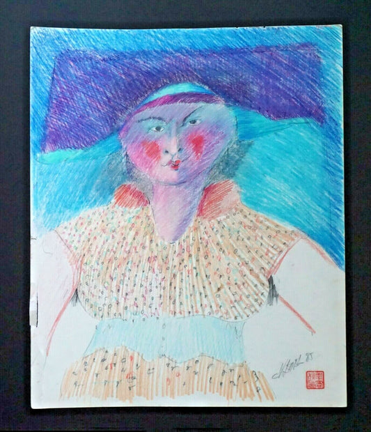 France HI Outsider Art Color Pencil Painting Woman w Hat Claude Vedel (EtJ)#31