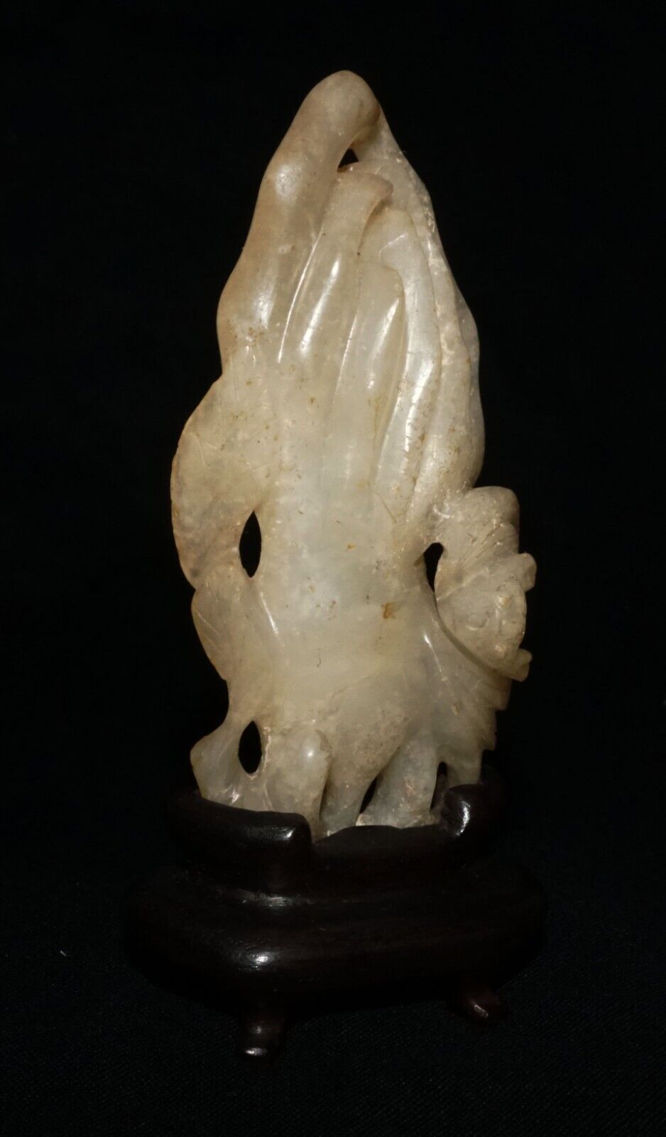 Antique Chinese Yellow Jade Buddha Hand Lemon & Bat Carving Fitted Stand (FeH)