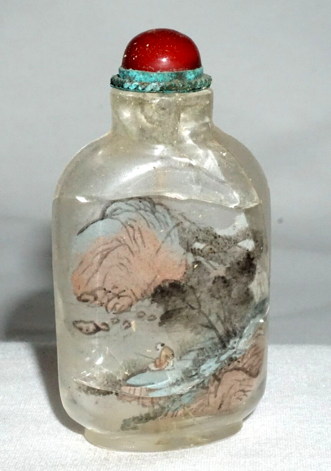 Vtg Chinese Reverse Painted Glass Snuff Bottle Seated Figure in Landscape (LLA)