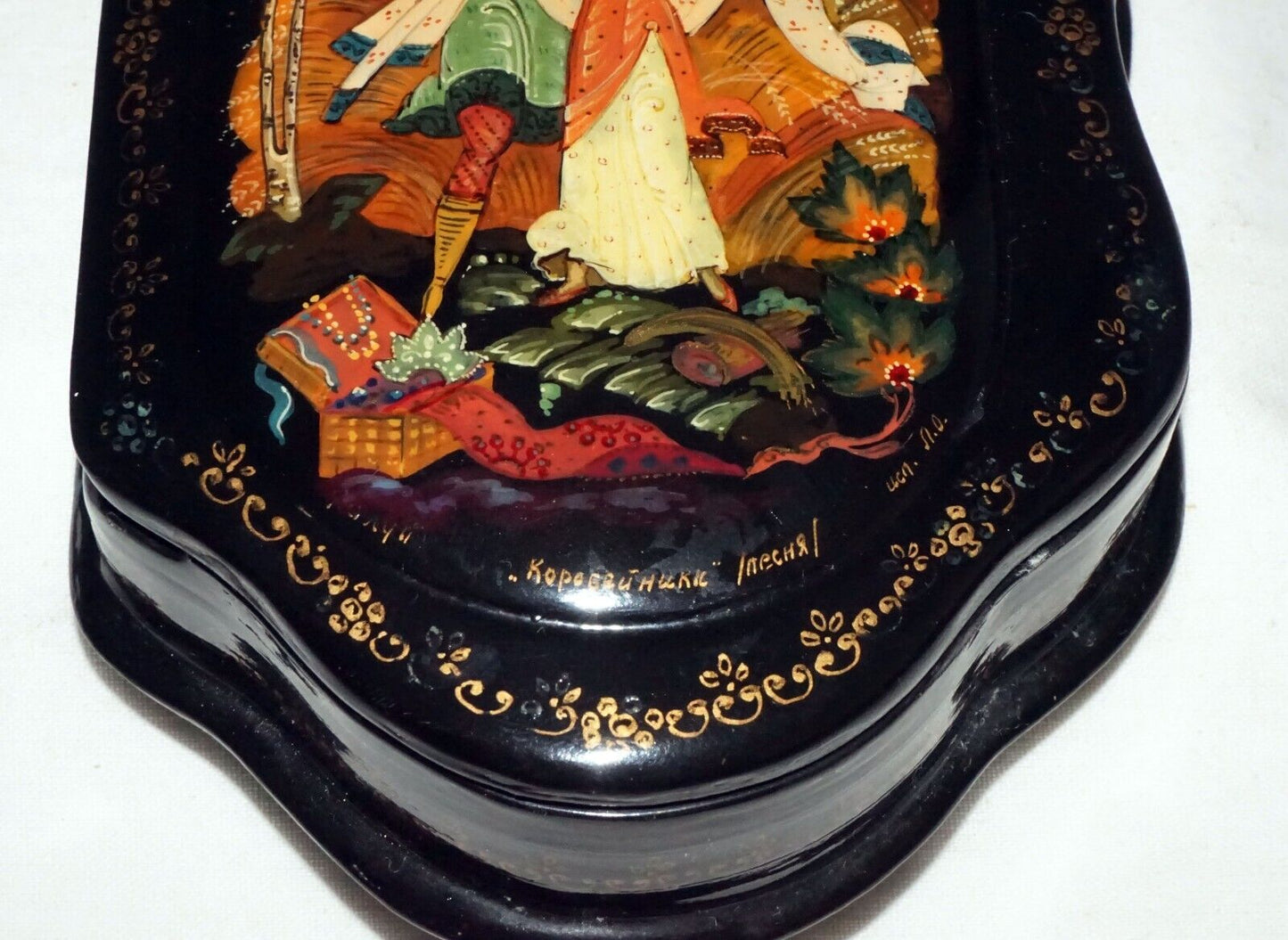 Vintage Russian Hinged Top Lacquer Box Figures in Landscape signed (AHB)