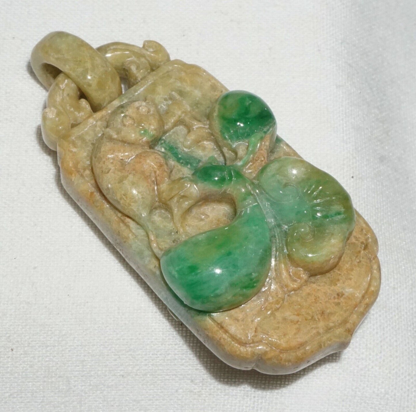 Vintage Chinese Jadeite Jade Locket Style Pendant w. Monkey Lingzhi Coin (---)