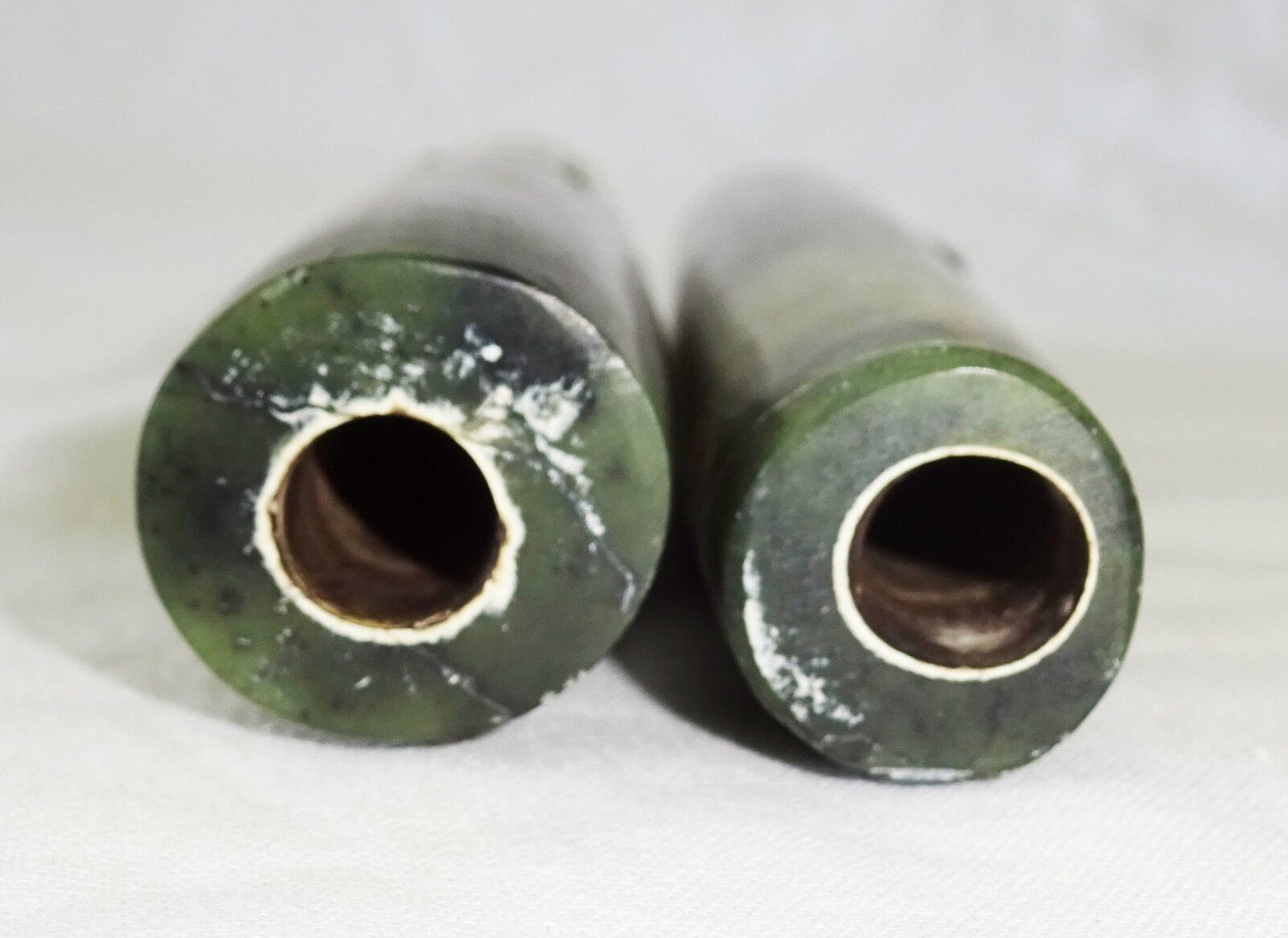 10C Pair Chinese Song Dynasty Large Green Tubular Drilled Jade Beads (Mil)