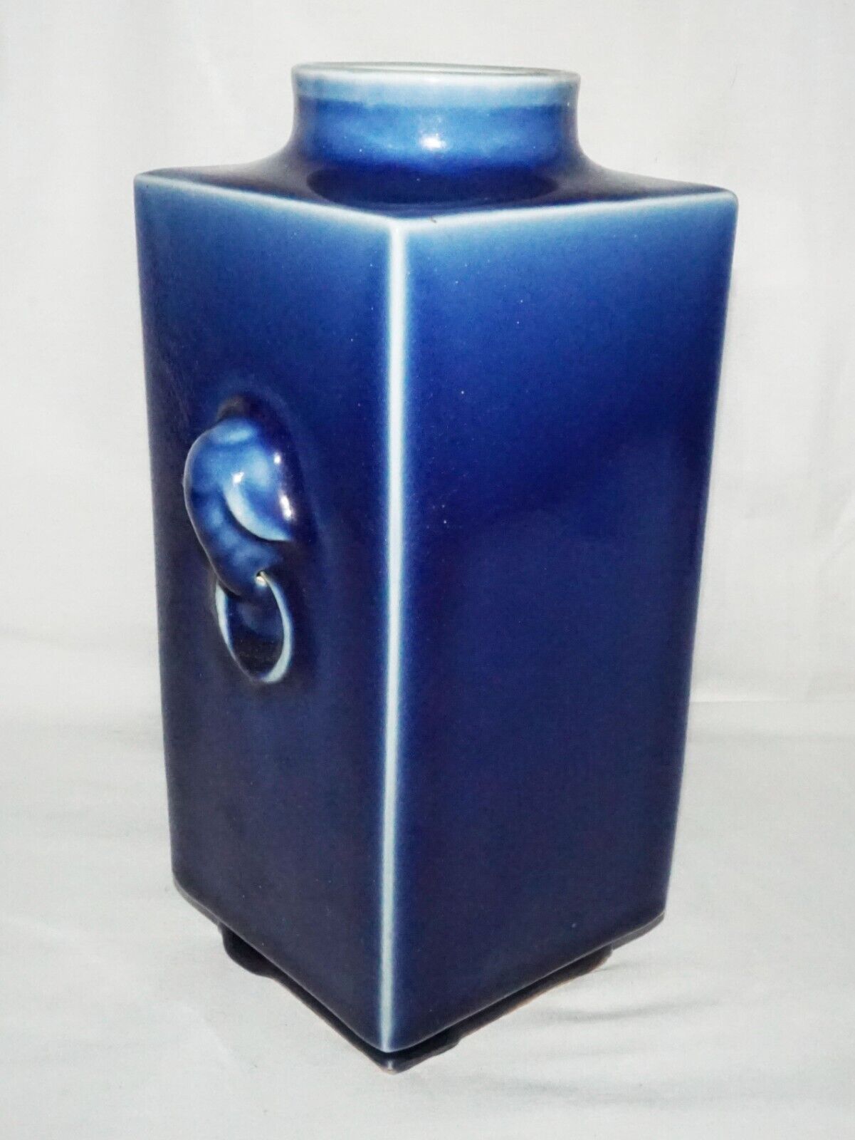 Chinese Blue Glazed Square Cong Form Vase w. Elephant Handles & Reign Mark(LeS)