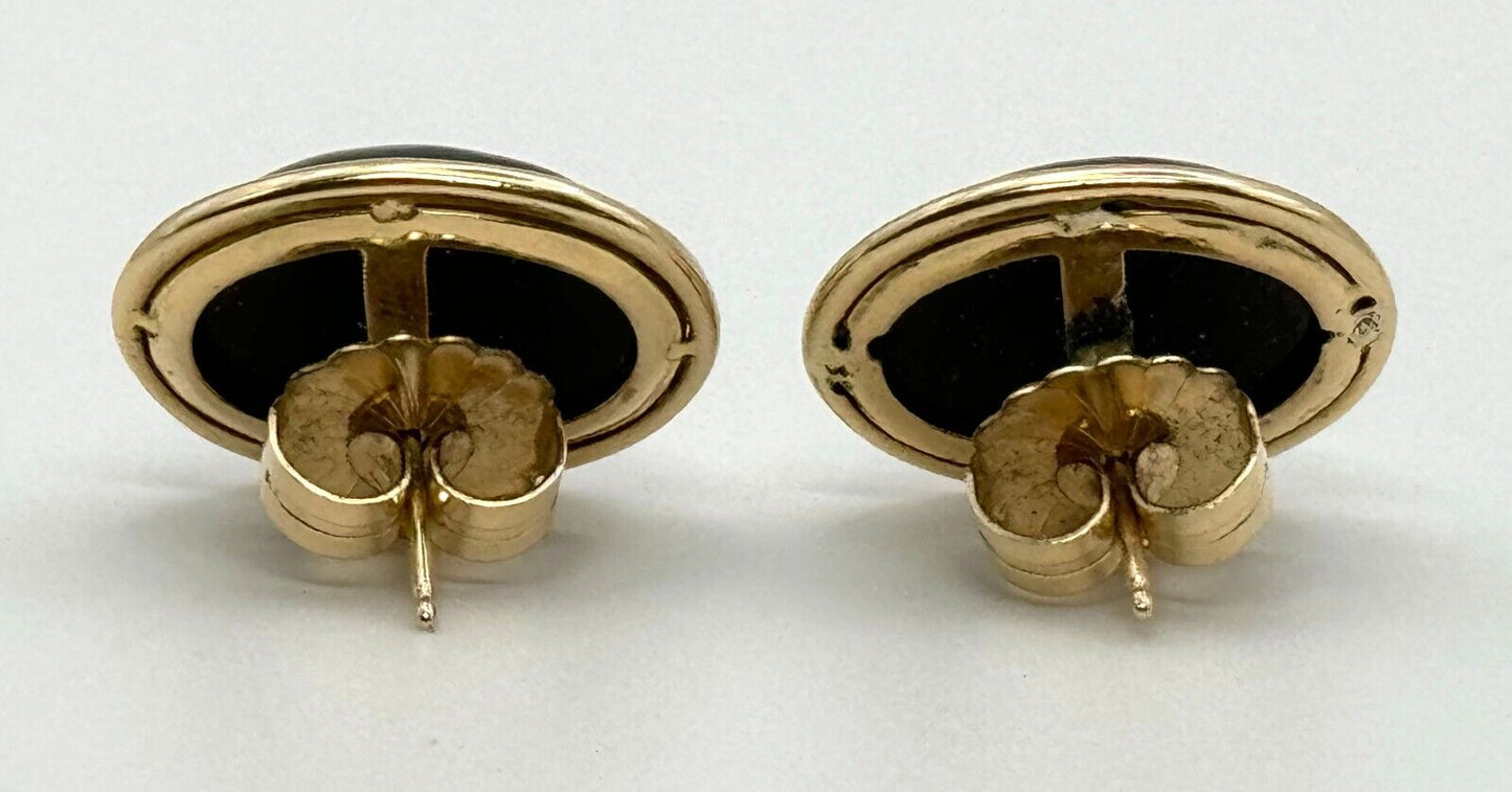 Vintage 14k Yellow Gold Onyx Oval Button Earrings (KnK)