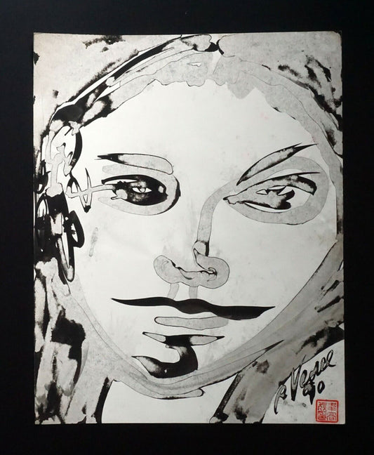 France HI Outsider Art Mixed Media Ink Painting Portrait Claude Vedel (EtJ)#10
