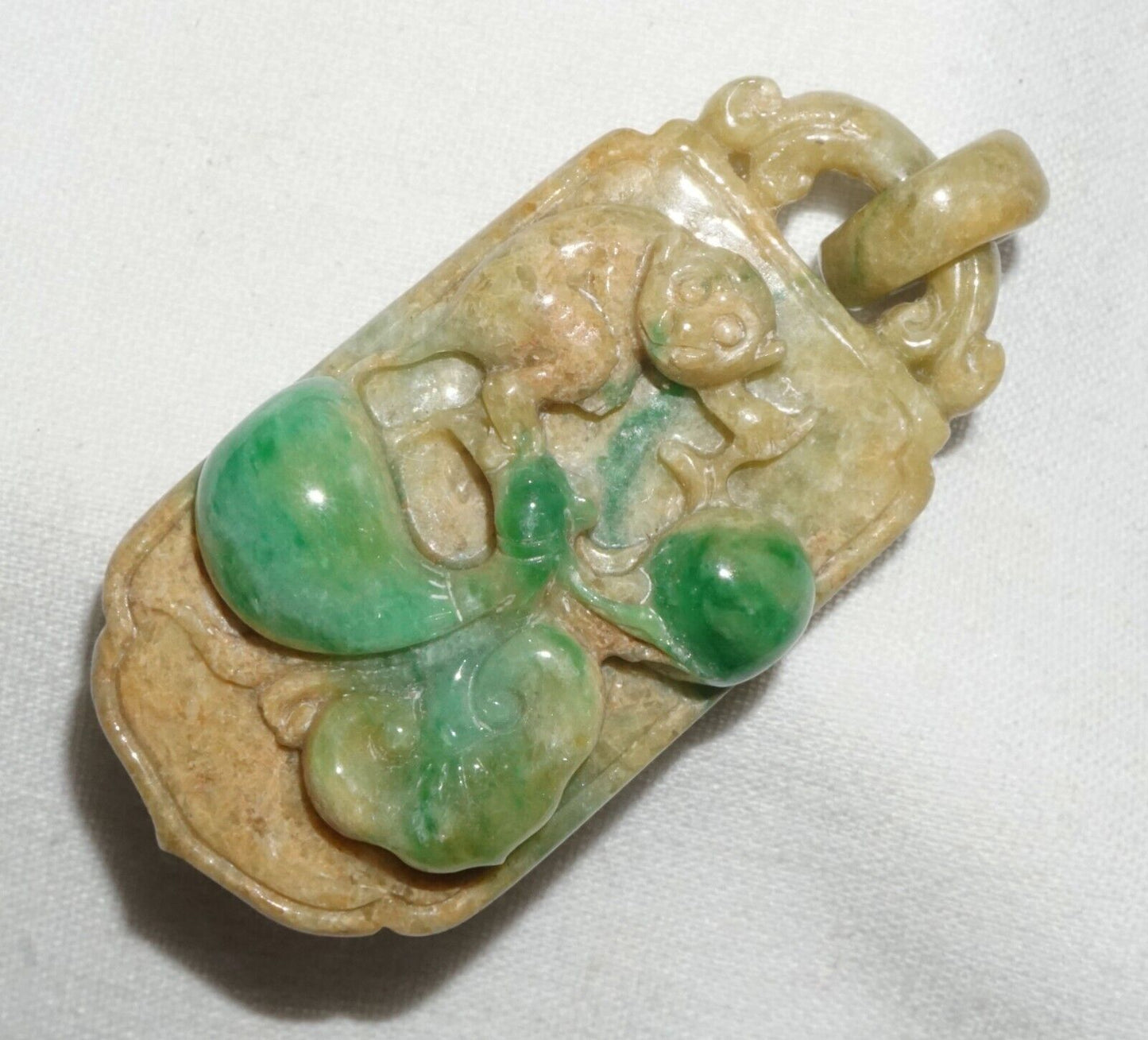 Vintage Chinese Jadeite Jade Locket Style Pendant w. Monkey Lingzhi Coin (---)