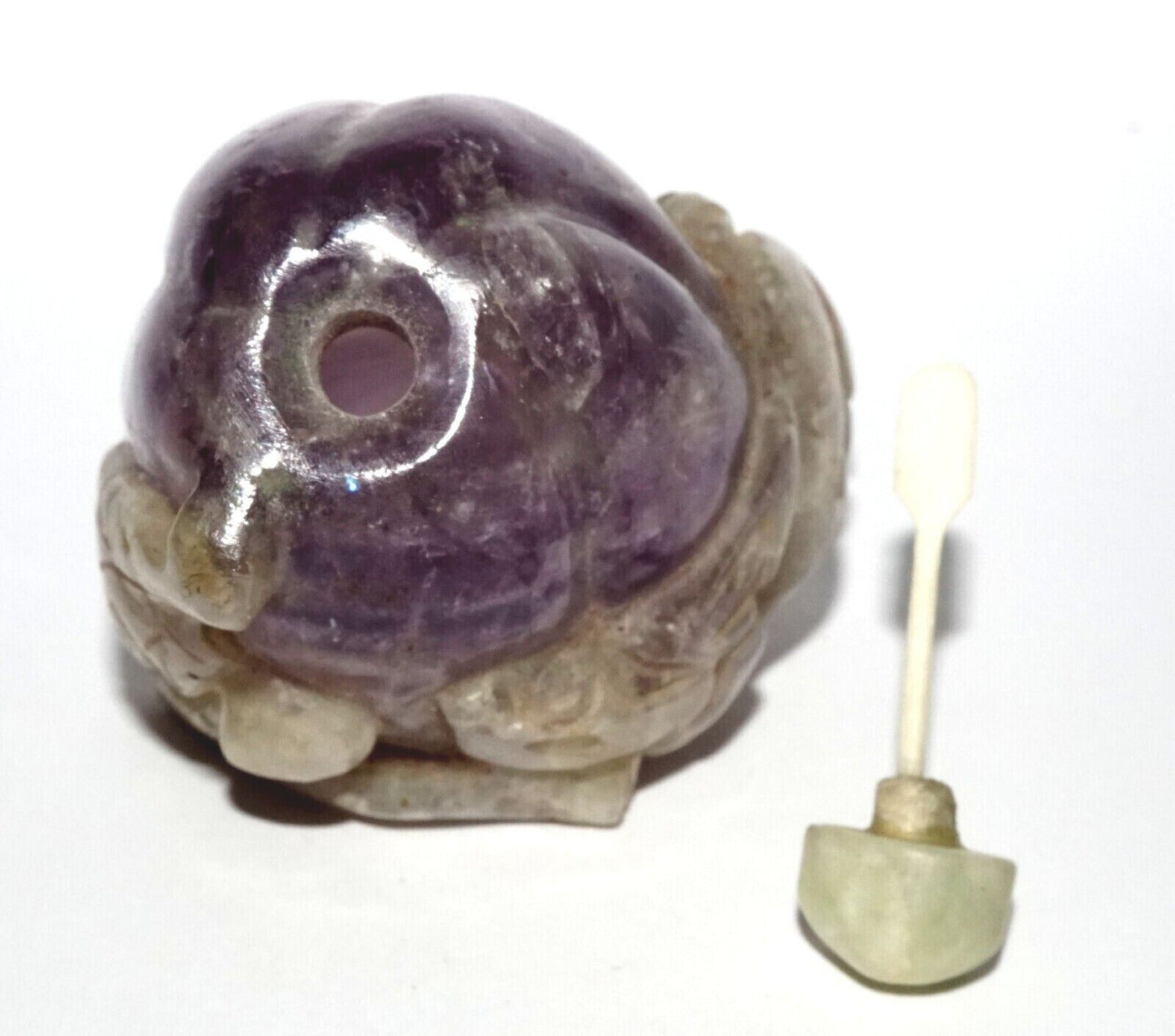 Vintage Chinese Purple Fluorite Carved Snuff Bottle w. Stone Stopper (LeS) G12