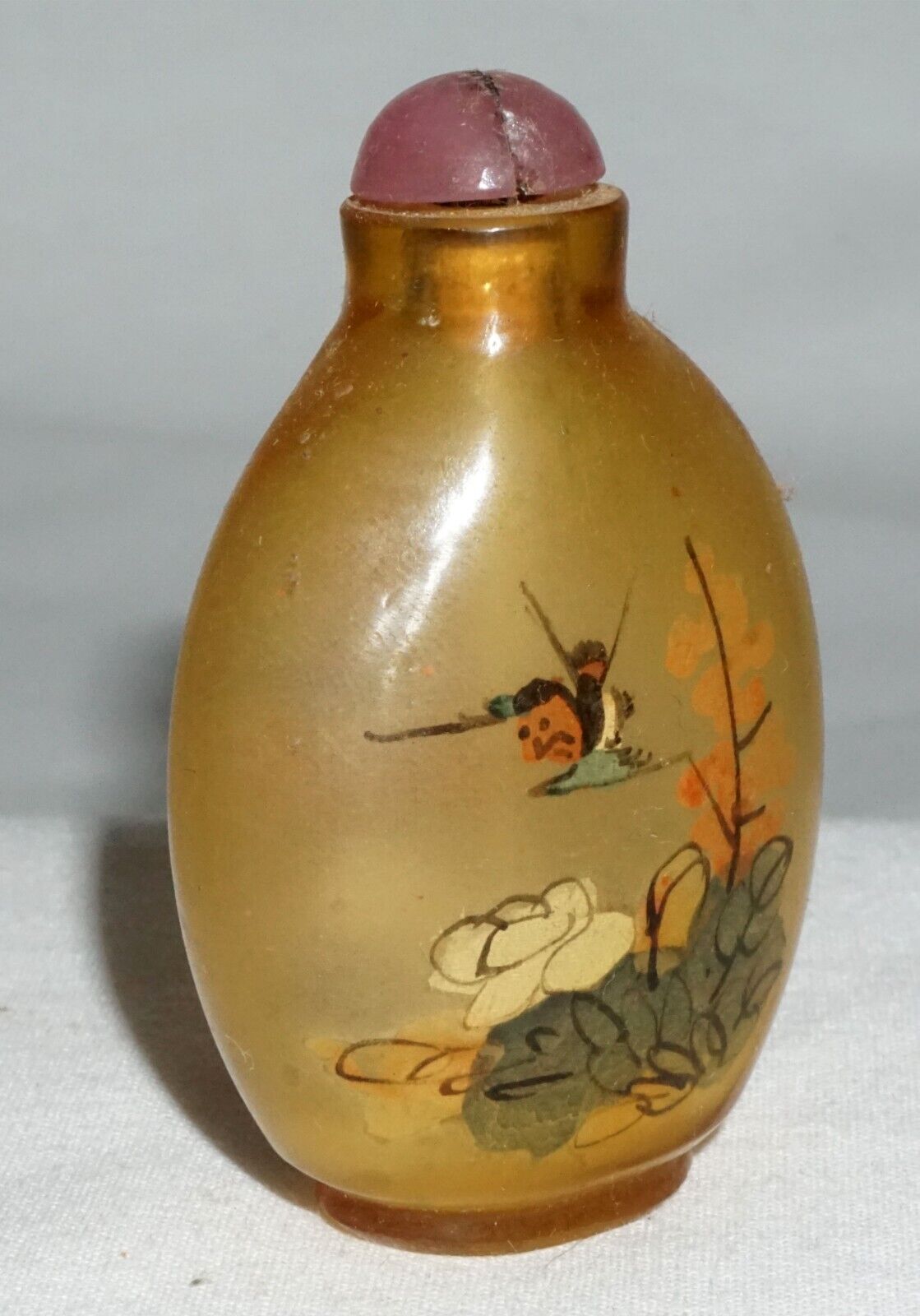 Vtg Chinese Reverse Painted Glass Snuff Bottle w Birds & Insects Motif (LLA) IC