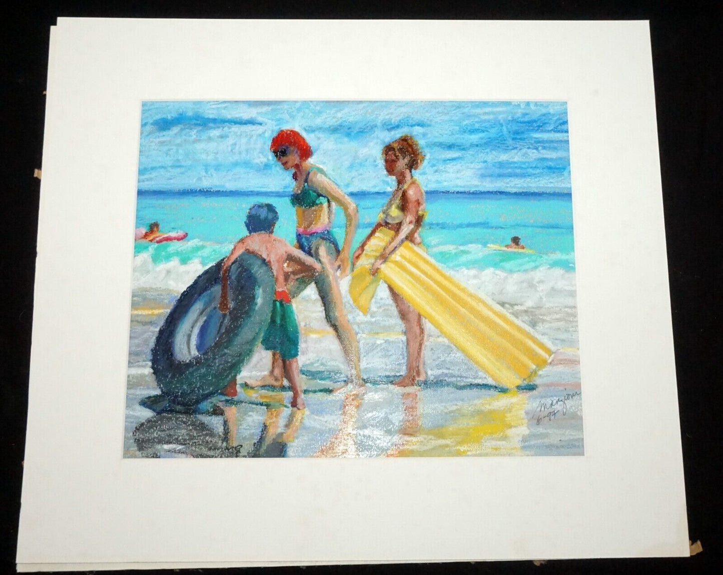 1997 Hawaii Oil Pastel Painting "Windward Beach Goers" by Ingrid Manzione (FeH)