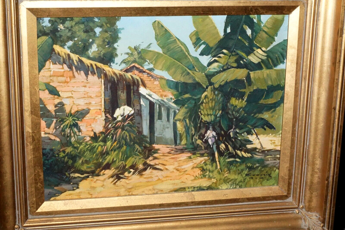 40s Brazil Island Oil Painting Grass Shacks & Bananas by Alfredo Koenig (New)