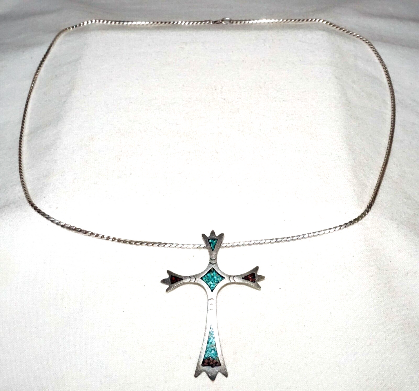 Vtg S.W. US Sterling Silver Necklace & Cross Pendant w. Turquoise & Coral (BeM)