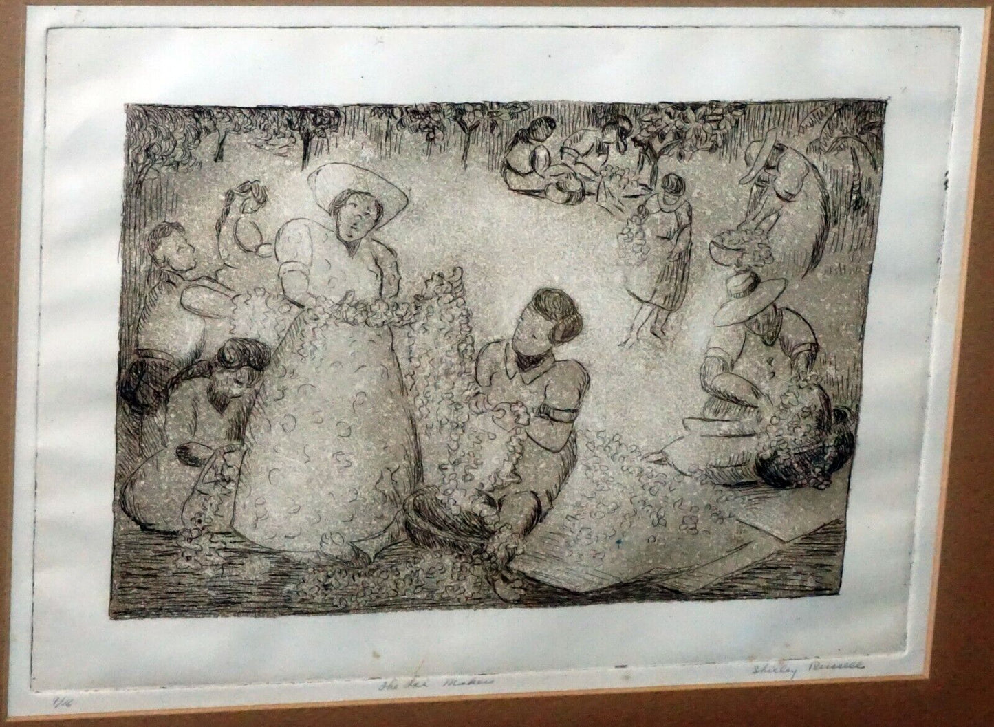 '40s Hawaii Etching Print "The Lei Makers" by Shirley Russell (1886-1985) (MaM)