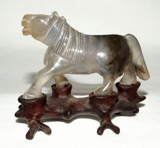 Vintage Chinese Gray & Purple Fluorite Carving Frolicking Horse on Stand (FeH)