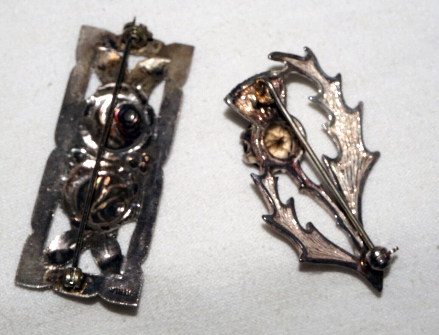 2Pc Vintage US/Scotland Sterling Silver Thistle & Quartz & Rose Brooch (KoS) L10