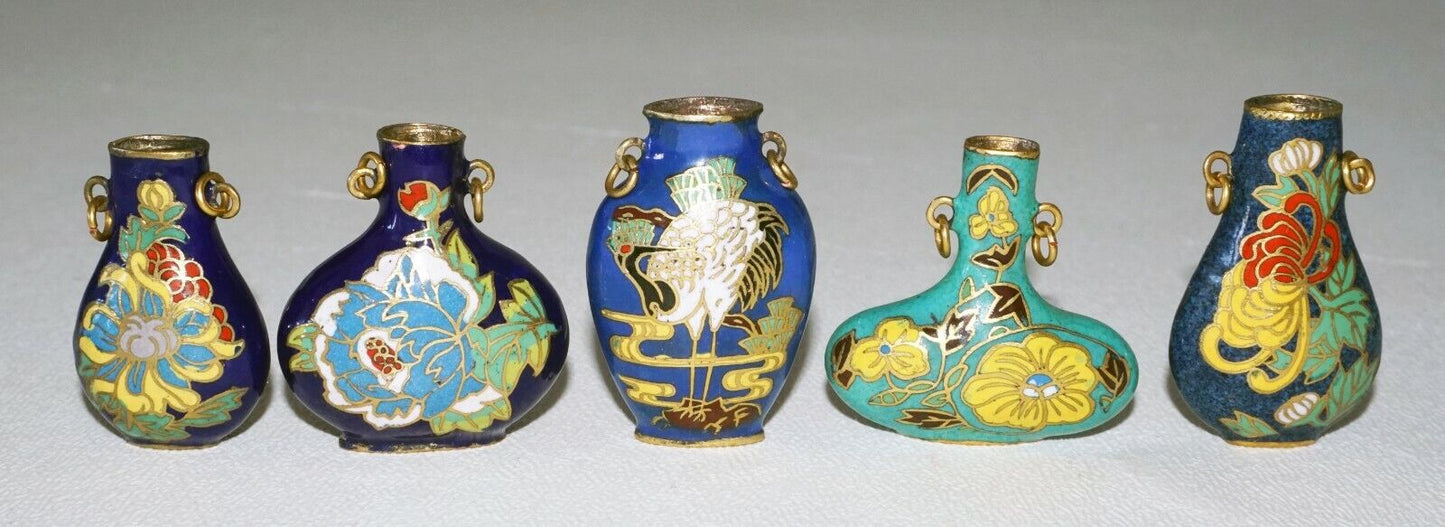 5Pc Chinese Cloisonne Enamel Miniature Vases w. Floral & Bird Motifs (DeL) #3