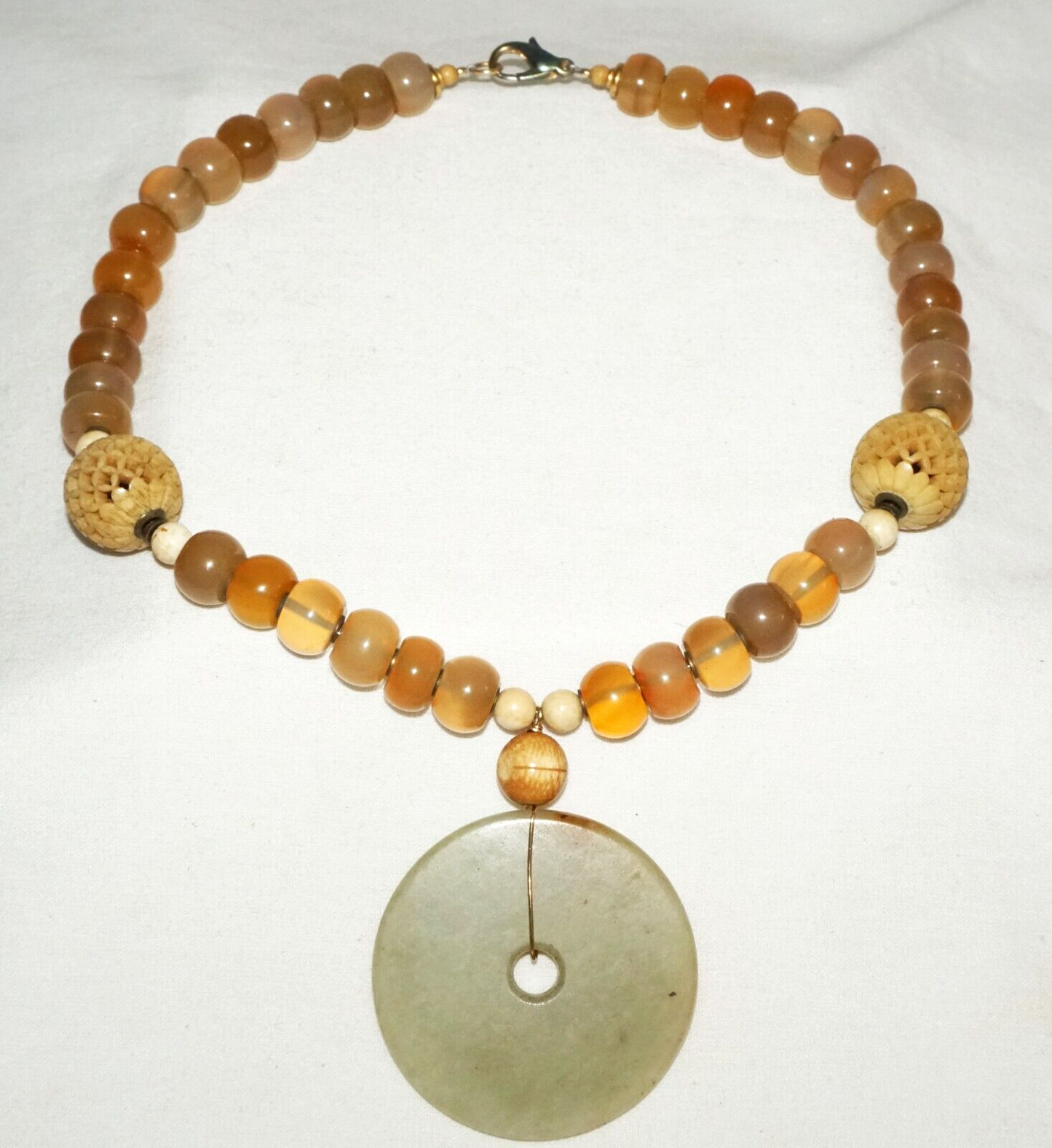 Chinese Yellow Semi Translucent Hard-stone Bead Necklace w. Jade Pendant (PaS)