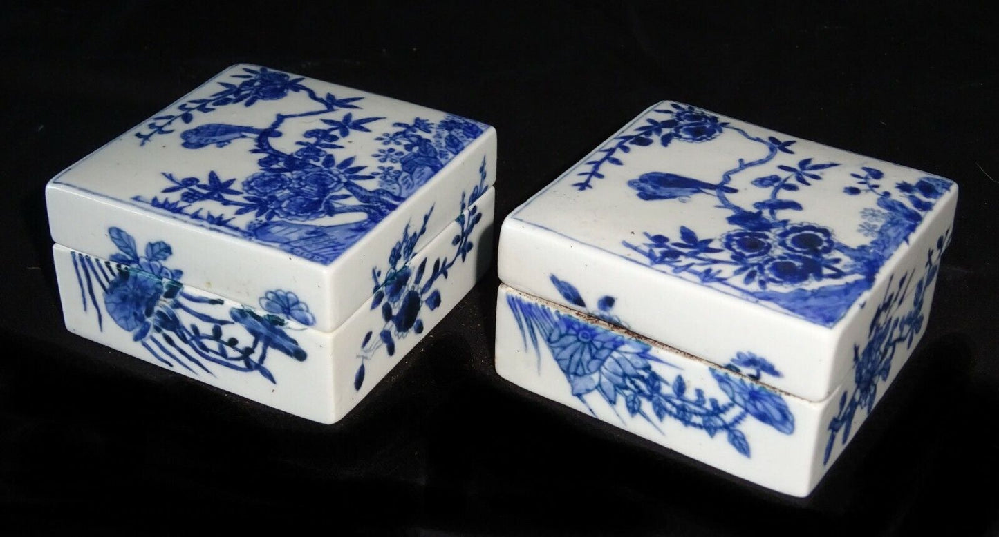 Pair 19C Chinese Blue & White Square Porcelain Boxes Bird & Flower Motif (HeN)