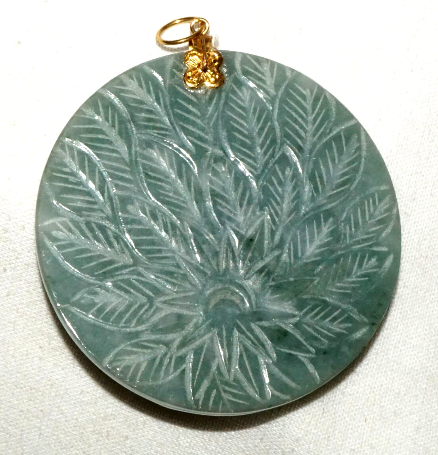 Vintage Chinese Blue Green Jade Disk pendant w. Peacock Motif (InS)#L4